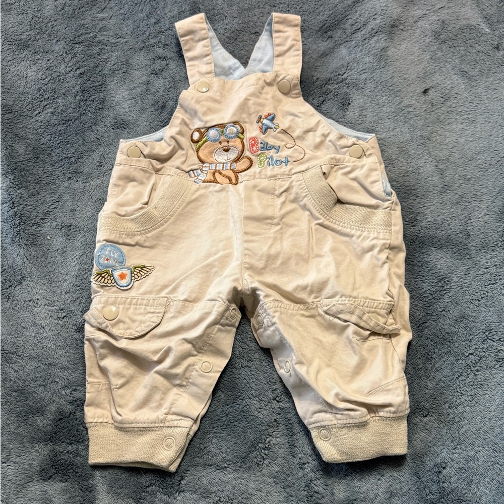 Vintage Unique Kids Beige Overalls with Bear/Aviation Embroidery